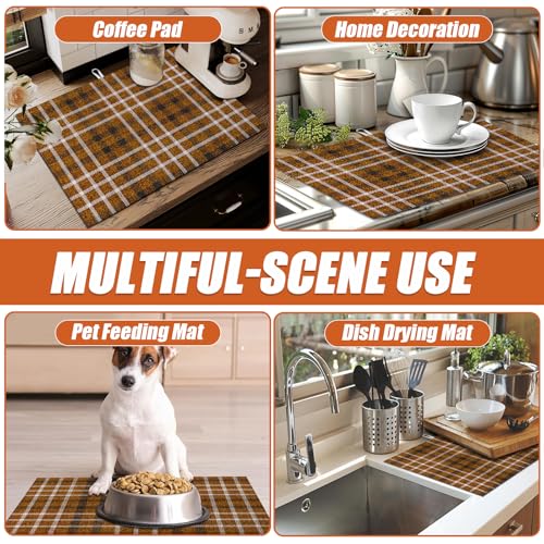 Brown Plaid Dish Drying Mat for Kitchen Counter Microfiber Absorbent Dish Kitchen Drying Mat Draining Reusable Washable for Dishes