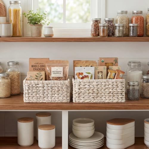 Large Wicker Baskets for Storage (White (Water Hyacinth) / 15"L x 11"W x 7"H + 13"L x 9"W x 6¼"H)