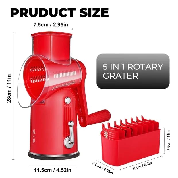 Rotary Cheese Grater 5 Blades Mandoline Slicer for Vegetable (Red)