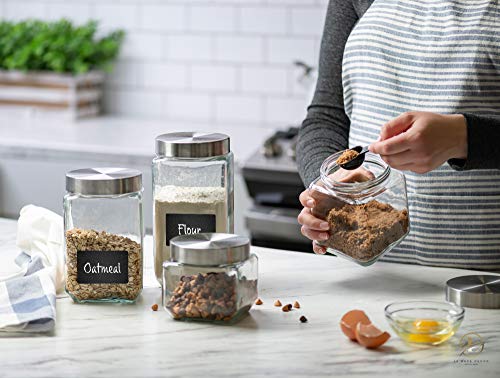 4pc Square Glass Cookie Jars with Airtight Lids + Marker & Labels