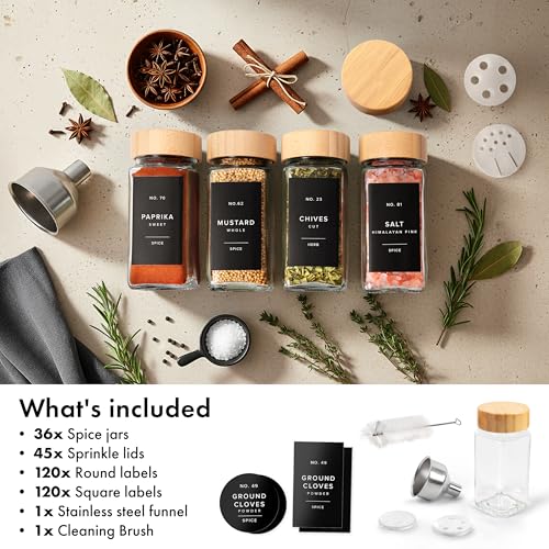 Glass Spice Jars with Label (36x Bamboo Jars Black Stickers)