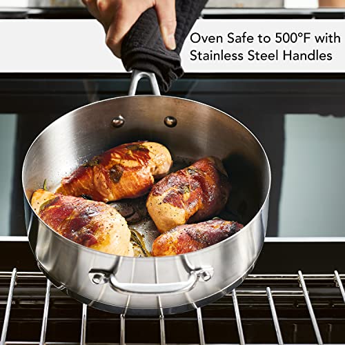 71027 3 Ply Base Brushed Stainless Steel Deep Saute Pan with Helper Handle and Lid (Brushed Stainless Steel / 4.5 Quart)