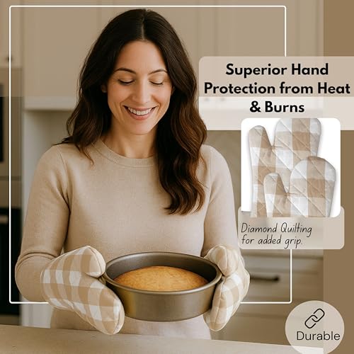 Buffalo Plaid Check Oven Mitts and Pot Holders Set of 4 (Buffalo, Beige)