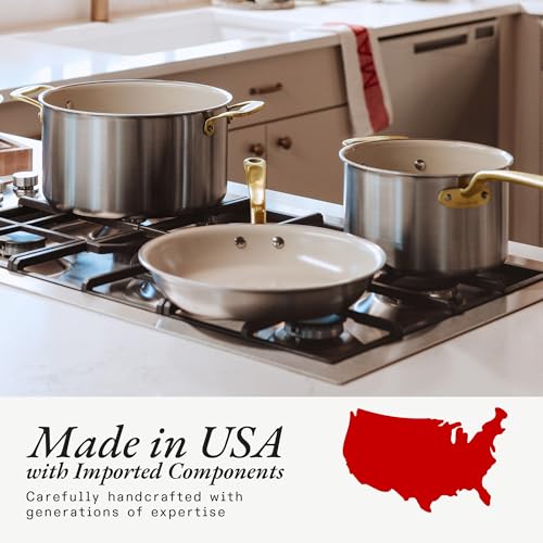 Cookware - 7-Piece CeramiClad Non Stick Pot and Pan Set (Antique Brass Handle) - 5-Ply Stainless Clad - Professional Cookware - Crafted in Italy - Induction Compatible (Antique Brass)