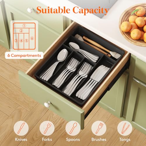 Silverware Drawer Organizer Tray (Black / 12.3 x 16 inch (6 Slots))