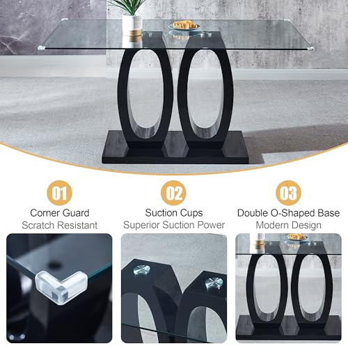 63" Glass Dining Table Set for 6 (Black Table & Gold Blue Chair / 7-Piece Set-Double O-Shaped Table)