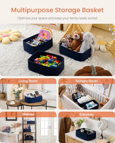 Small Woven Storage Basket for Organizing (Navy Blue / 13.5"L x 9.5"W x 5"H)