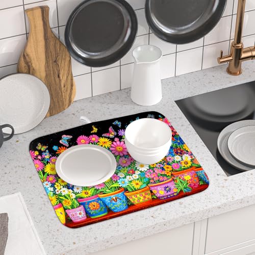 Colorful Floral Dish Drying Mat 16 X 18 Black Spring Flowers Absorbent Microfiber Kitchen Decor Counter Mats (Vintage Flowers Colorful / 18" x 16")