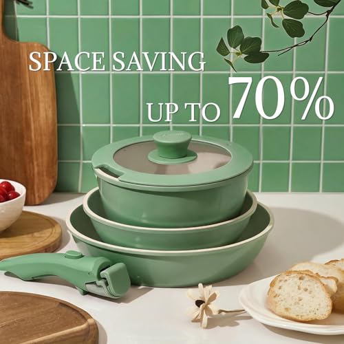 Ceramic Cookware Set Non Stick 8Pcs Pots and Pans Set Detachable Handle Induction Kitchen Cooking Set with Frying Pans Oven Dishwasher Safe (Forest)