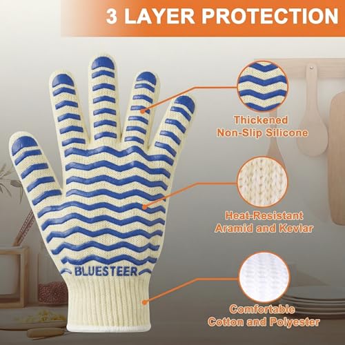 Oven Gloves 932°F Heat Resistant Oven Mitts with Fingers (White-blue / One Size Fits Most)