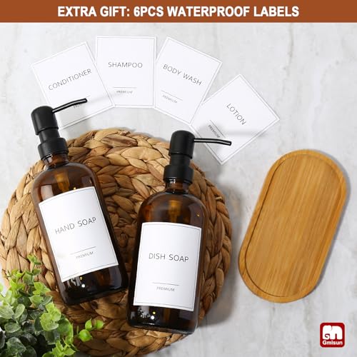 Amber Glass Soap Dispenser (Amber Bottle + Black Pump + Bamboo Tray / 2 Pack + Tray)