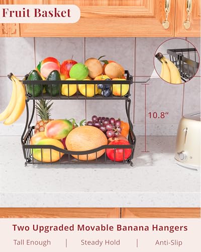 Large 2 Tier Fruit Basket for Kitchen Counter with 2 Banana Hangers (Black)