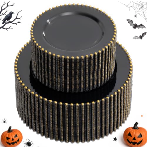 100pcs Elegant Clear Black Plastic Plates with Gold Beads for Gala (Clear Black and Gold Plastic Plates / 100PCS)