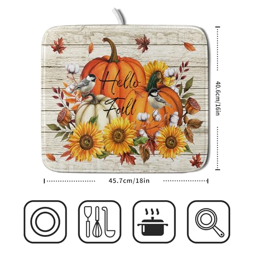 Hello Fall Dish Drying Mat Autumn Pumpkin Dish Drainer Rack Mats 16"x18" Fast Dry Microfiber Dish Drying Pad for Kitchen Countertop Table (Pumpkin Sunflower / 16" x 18")