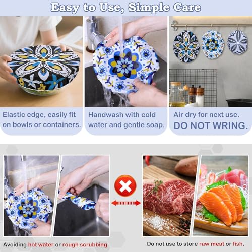 5Pcs Reusable Beeswax Elastic Bowl Covers for Bread Proofing and Food Cover (Moroccan Style)