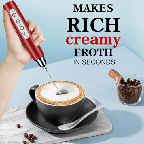 Milk Frother Wand Rechargeable Handheld Whisk Coffee 3 Speed Adjustable (Frother with stand / Red)