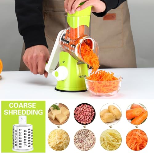 Rotary Cheese Grater Hand Crank Cheese Shredder for Fresh Cheese (3 BLADES / Green)