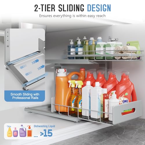 Under Sink Organizer Upgrade To Professional Rails (Gun Gray / 2 Pack-18.5"Dx12.8"-16.9"H)