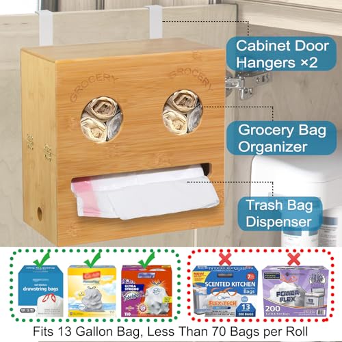 2-in-1 Trash Bag Dispenser & Grocery Bag Holder with Cute Smiley Face Design, Bamboo Organizer for Cabinet Door & Wall Mount, Decorative Waste Bag Storage for Standard Rolls, Not for XL Rolls