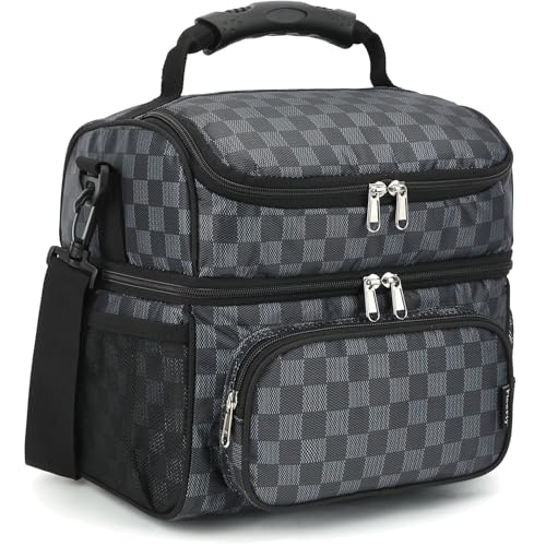 Double Layer Cooler Insulated Lunch Bag Adult Lunch Box Large Tote Bag for Men (PlaidBlack)