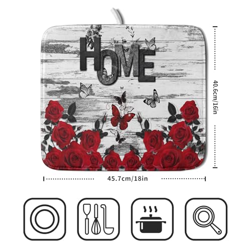 Red Rose Dish Drying Mat 16x18 inch Romantic Floral Absorbent Microfiber Sink Counter Dishware Drainer Pad for Kitchen Coffee Bar Decor (Red Rose / 16 x 18 inch)