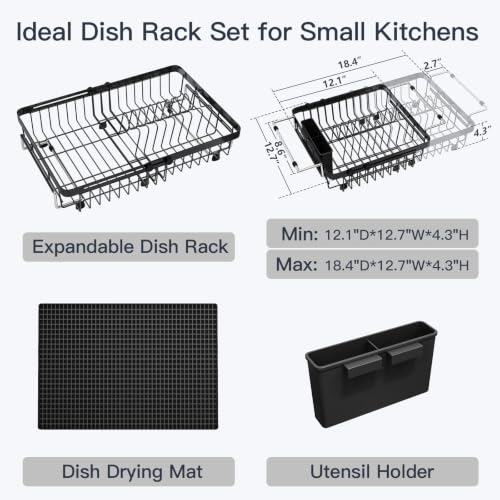 Expandable Dish Drying Rack Over Sink with Extra Drying Mat (Black / For 13"-30" W Sink with Mat)