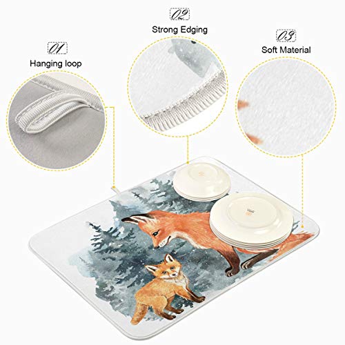 Super Absorbent Dish Drying Mat (Cute Fox Winter Christmas / 18" x 24")