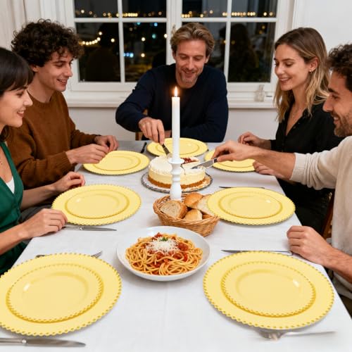 100pcs Elegant Yellow Plastic Plates with Gold Beaded for Wedding (Yellow and Gold Plastic Plates / 100PCS)