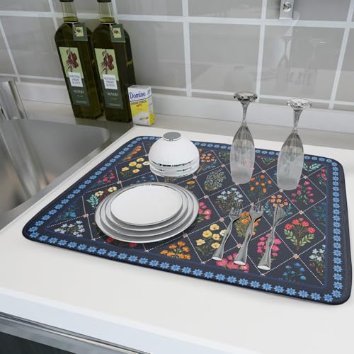 Machine Washable Dish Drying Mat for Kitchen Counter Blue Florals (Wildflowers Dark Blue / 24" x 18")
