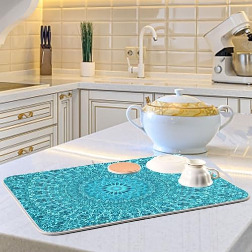 Super Absorbent Dish Drying Mat (Mandala Turquoise Teal Blue Green / 18" x 24")