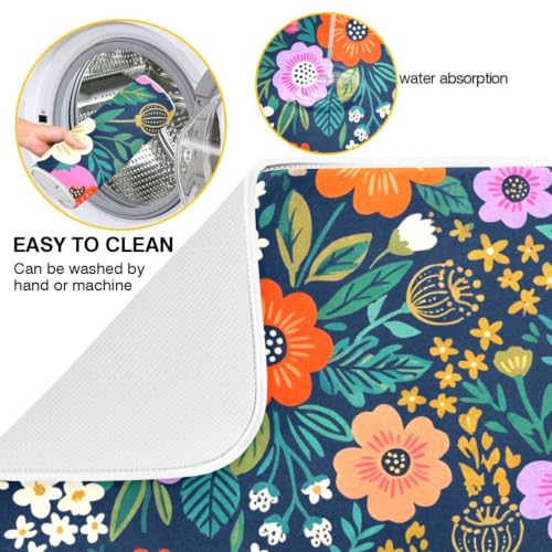 Flower Floral Dish Drying Mat for Kitchen Counter Absorbent Microfiber Drying Pad (18" x 24")