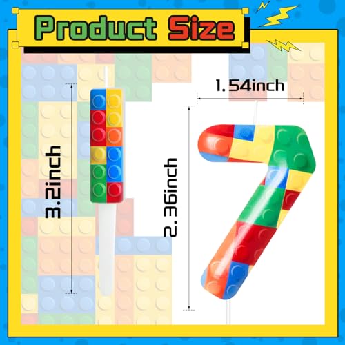 7 Pcs Building Block Themed Birthday Candles Set Building Blocks Number 7 Candle Cake Topper for Building Block Party Decoration Supplies (7 Count)