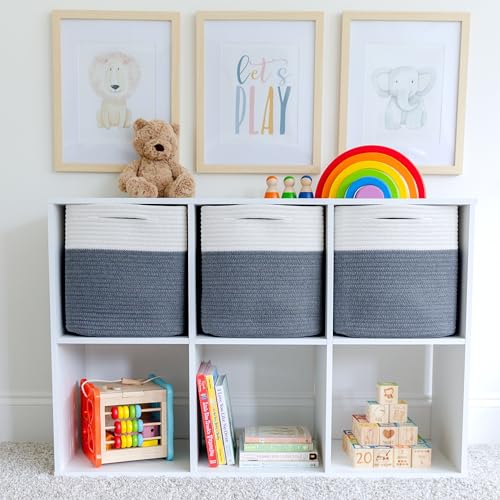 Storage Cubes 11 Inch Cotton Rope Woven Baskets for Organizing (Off White & Charcoal Gray)