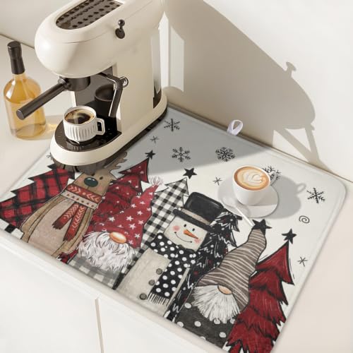 Winter Snowman Gnome Dish Drying Mat Xmas Tree Dishes Pad 18"x24" Microfiber Fast Dry Dish Drainer Rack Mats Kitchen Countertop Accessories (Winter Snowman Gnome / 18x24 inch)