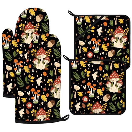 Red Mushroom Oven Mitts and Plant Pot Holders Sets 4Pcs (Red Mushroom)