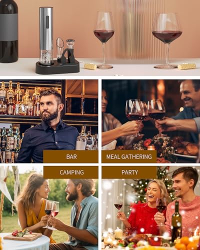 5-in-1 Electric Wine Opener Set Rechargeable Stainless Steel Automatic Corkscrew Wine Bottle Opener Set with Foil Cutter, Wine Aerator Pourer, Vacuum Wine Stopper and Storage Base, Silver