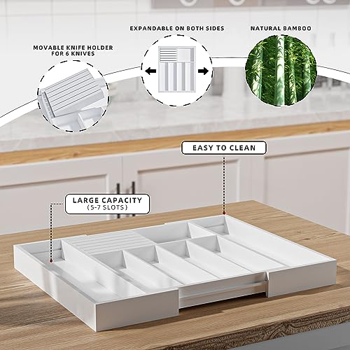 Silverware Drawer Organizer Bamboo Knife Organizer Drawer Insert Expandable Utensil Holder for Kitchen Drawer Flatware Holder W12.8 (White)