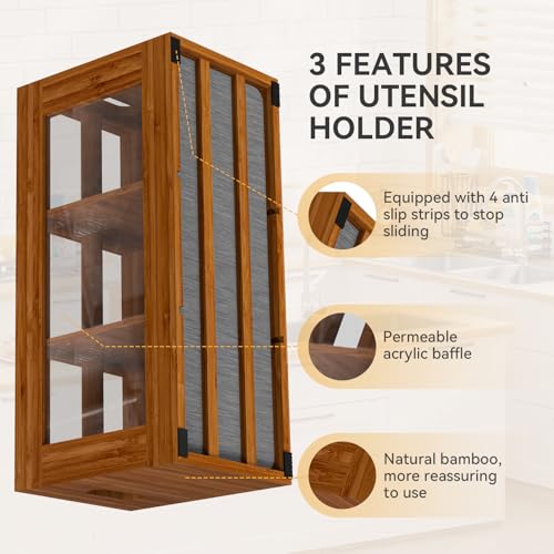 Bamboo Kitchen Utensil Holder with Drying Stone and 6 Compartments (Brown / Medium)