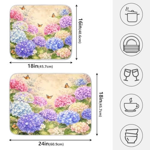 Vintage Flowers Spring Summer Dish Drying Mat for Kitchen Counter Absorbent Microfiber Hydrangea Butterfly Small Drying Pad Dish mats for Kitchen Countertops 16 x 18 Inch (Spring Vintage Flowers / 18" x 16")