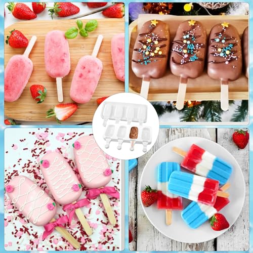 8 Set Silicone Popsicle Molds 4 Cavities Ice Cream Oval Cake Molds with 400 Sticks (8 Set / White)