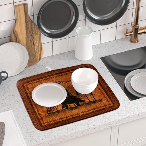 Forest Bear Dish Drying Mat 16x18 Inch Rustic Cabin Washable Microfiber Absorbent Dishes Drainer Rack Pad for Kitchen Counter Home Decor (Retro Forest Bear / 16" x 18")