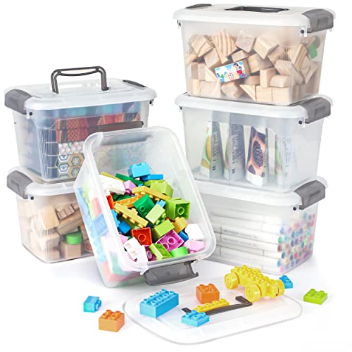6 Packs 6 QT Storage Bins with Lids Clear Plastic Bins with Grey Handle Stackable Storage Containers for Organizing (6.0QT / 6 PACK)