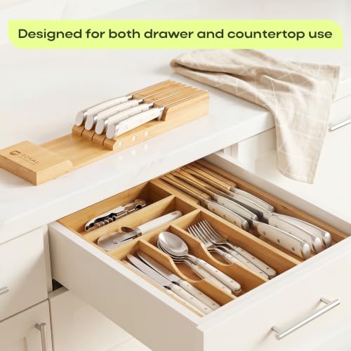 Drawer Organizer with Knife Block for Kitchen Organization (Natural / 6 Slot)