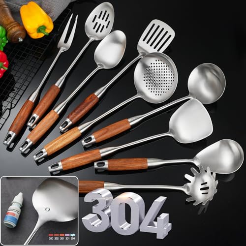 Stainless Steel Kitchen Utensils Set for Cooking Wooden Handle (9 Count)