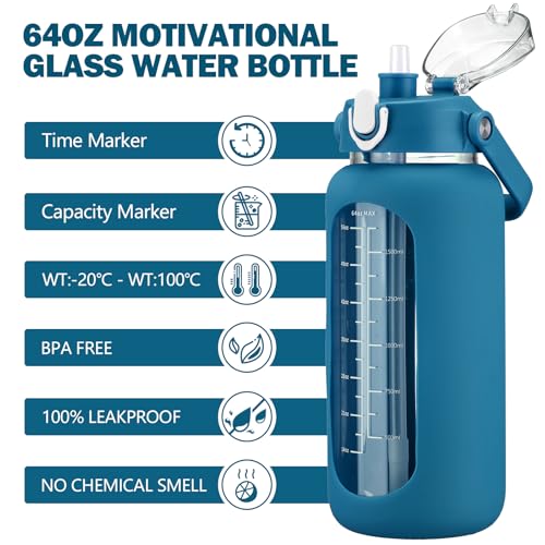 64oz Glass Water Bottles with Straw (Iron Blue / 64 Ounces)