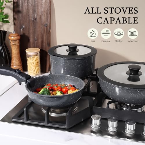 Ceramic Pots and Pans Set Non Stick (Dark Gray / 15PCS 01)