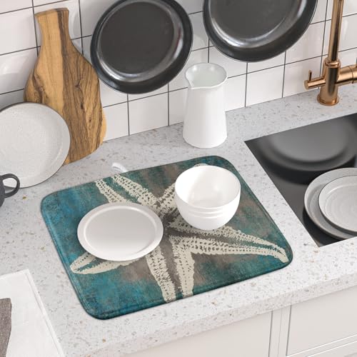Vintage Starfish Dish Drying Mat Coastal Beachy Nautical Drainer Rack Mat 16"x18" Absorbent Washable Dish Dry Pad for Kitchen Counter Sink (Vintage Starfish / 16" x 18")