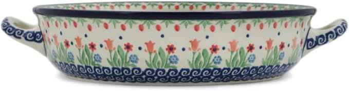 Polmedia Polish Pottery Round Baker with Handles 10-inch - Babcia's Garden Pattern Handmade in Boleslawiec Poland by Ceramika Artystyczna + Certificate of Authenticity