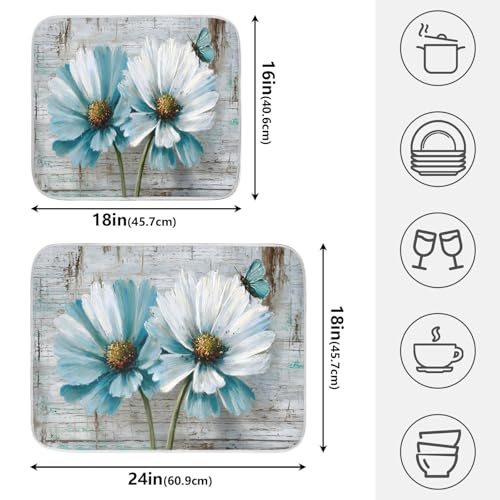 Rustic Teal White Daisy on Vintage Wooden Dish Drying Mat for Kitchen Counter Absorbent Microfiber Small Drying Pad Dish Mats for Kitchen Countertops 16 x 18 Inch (18" x 16")