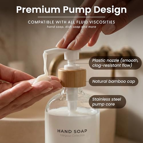 Dish Soap Dispenser Set (Clear Bottles White Bamboo Pumps)